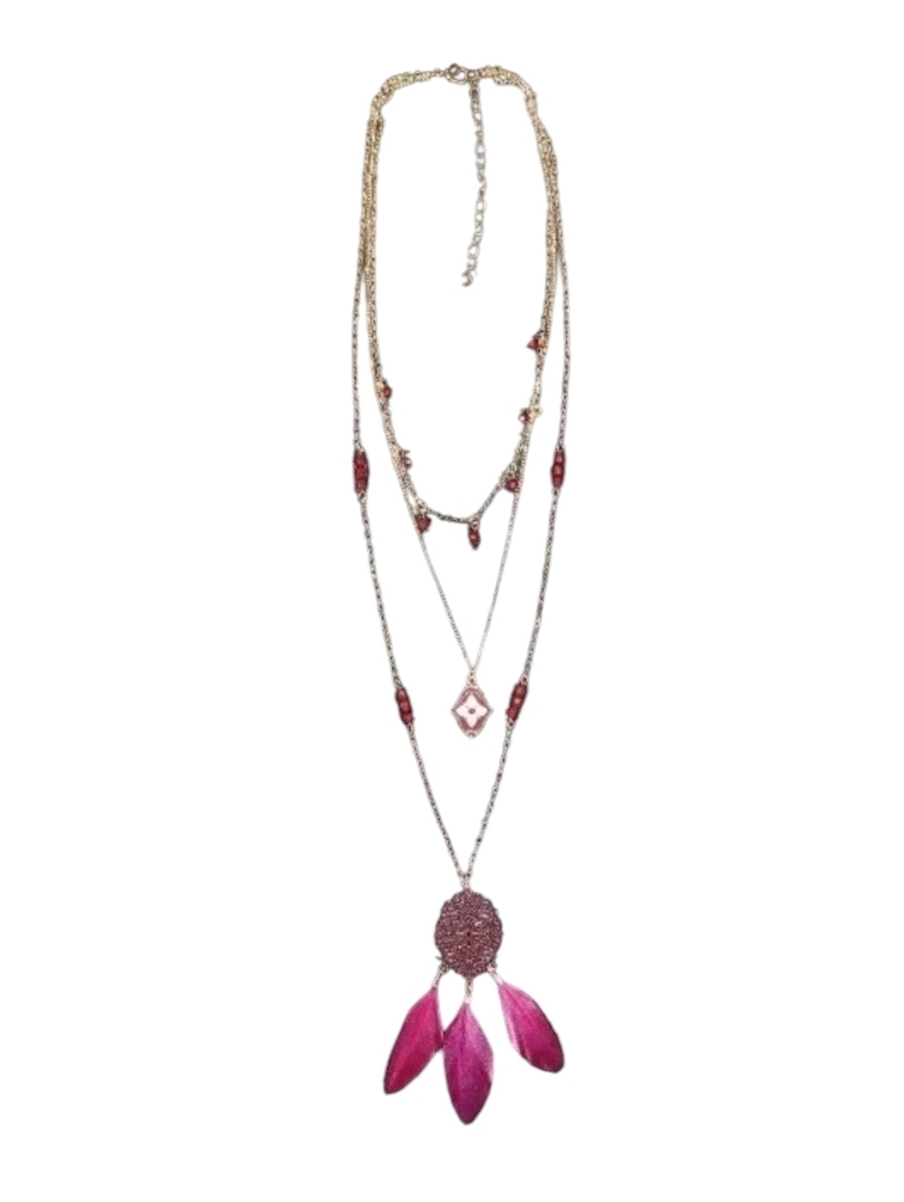 Gold Steel Chains Pendant Beads Feathers 4-Pointed Cross Star Statement Necklace